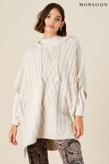 Monsoon Natural Hooded Cable Knit Poncho (M69153) | ₪ 256