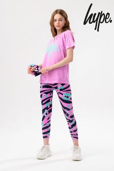 Hype. Mädchen Groovy Set mit T-Shirt mit Zebramuster und Schriftzug, Leggings und Haargummi, Violett (M69752) | 40 € - 48 €