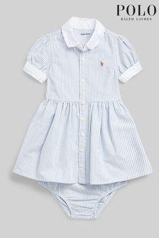 Polo Ralph Lauren Baby Blue Striped Oxford Logo Shirt Dress And Bloomer (M69971) | DKK834