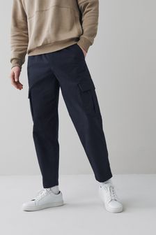 Navy Blue Relaxed Tapered Fit Cotton Stretch Cargo Trousers (M70457) | SGD 42