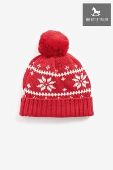 The Little Tailor Childrens Red Christmas Snowflake Fairisle Pom Pom Hat (M70603) | $26