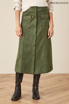Monsoon Green Button-Through Suedette Skirt