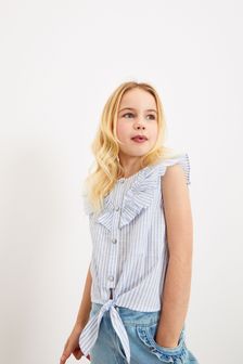 Blue Stripe Tie Front Frill Blouse (3-16yrs) (M71556) | €7 - €10