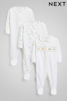 White Smart Safari Baby Sleepsuits 3 Pack (0-2yrs) (M71934) | €25 - €28