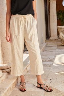 Кремово-бежевый - Прямые брюки с добавлением льна (M71961) | €9