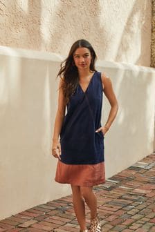 Темно-синий/розовый колор блок - Летнее цельнокроеное платье из льняной ткани (M72008) | €22