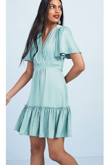 Light Blue Satin Wrap Mini Tier Dress (M72015) | €55
