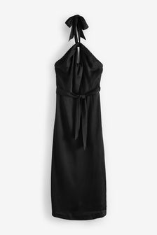 Negro - Vestido a media pierna con cuello halter y diseño de satén (M72025) | 42 €