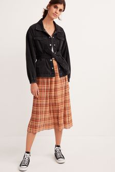 Orange Check Pleated Midi Skirt (M73781) | CA$74