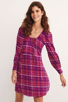 Pink Check Print Long Sleeve Mini Tea Dress (M73782) | $33