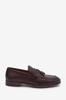 Brown Leather Woven Embossed Tassel Loafers (M73828) | $90