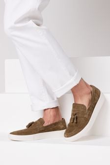 Taupe Brown Suede Slip On Tassel Loafers (M73881) | 64 €