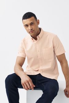 Peach Pink Regular Fit Short Sleeve Oxford Shirt (M73988) | $40