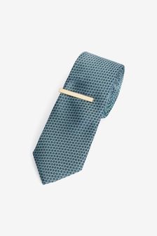 Steel Grey Slim Textured Tie With Tie Clip (M74671) | €18