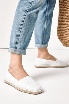 White Broderie Forever Comfort Square Toe Espadrille Slip On Shoes (M74673) | SGD 35