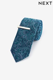 Teal Blue Paisley - Slim - Pattern Tie With Tie Clip (M74772) | BGN34