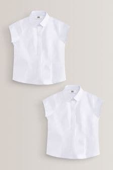Biały - Zestaw 2 dopasowanych koszul z krótkim rękawem i zaokrąglonym kołnierzykiem z bawełny z domieszką stretchu (3-16 lat) (M76220) | 48 zł - 81 zł