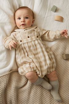 Brown Gingham Premium Baby 3 Piece  Romper Cardigan & Sock Set (0mths-2yrs) (M76542) | $31 - $34