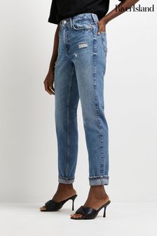 River Island Blue High Rise Turn Up Mom Jeans (M76563) | $69