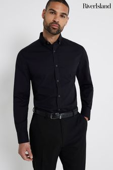 River Island Black Muscle Fit Long Sleeve Textured Shirt (M77269) | €32