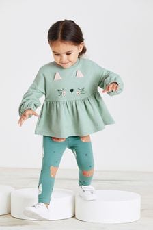  (M77810) | HK$108 - HK$141 薄荷綠色貓咪 - 長袖棉質上衣和內搭褲套裝 (3個月至7歲)