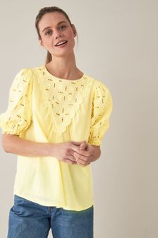 צהוב לימון - חולצה מכותנה עם שרוול קצר במראה תחרה (M78119) | ‏87 ₪
