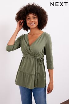 Khaki Green Maternity/Nursing Tiered Belted Wrap Top (M78441) | 36 €