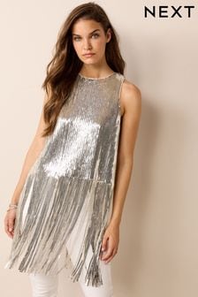 Silver Sparkle Sequin Fringed Sleeveless Top (M78617) | 36 €