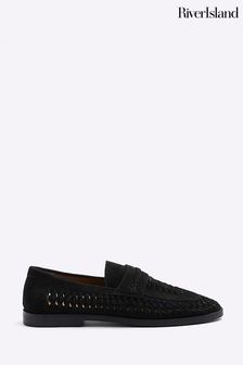 River Island Black Leather Woven Loafers (M78757) | $99
