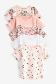 Roza-rdeča s cvetličnim vzorcem - Komplet 5 majic s kratkimi rokavi (3 mesecev–7 let) (M79070) | €24 - €29