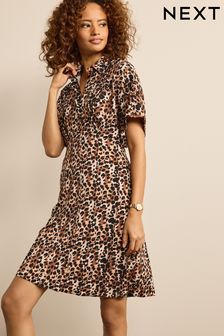 Brown Leopard Print Jersey Short Sleeve Mini Shirt Dress (M79246) | €17