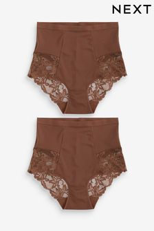 Chocolate Brown High Waist Brief Tummy Control Shaping Lace Back Brazilian Knickers 2 Pack (M79517) | €27