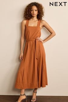 Rust Brown Square Neck Sleeveless Midi Dress With Tie Waist (M79524) | €24