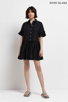 Черное свободное платье-рубашка мини River Island (M80133) | €24