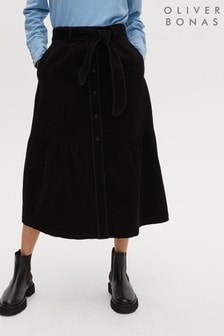 Oliver Bonas Black Corduroy Button Through Black Tiered Midi Skirt