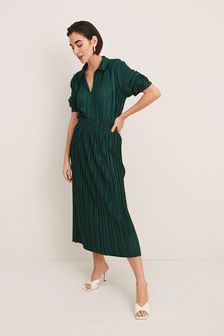 Green Plissé Pleated Midi Skirt (M81004) | CA$70