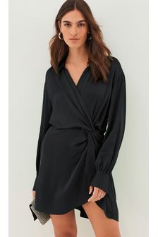 Black Long Sleeve Twist Front Satin Mini Dress (M81618) | $70