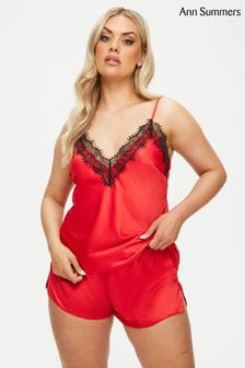 Roșu - Set pijama cu bluză cu Dantelă și bluză cu Satin Ann Summers cireașiu (M81857) | 119 LEI