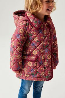 Berry Red Floral Printed Shower Resistant Quilted Padded Coat (3mths-7yrs) (M82252) | €21 - €24