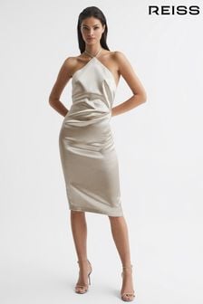 Reiss Silver Farah Metallic Halterneck Occasion Dress (M84536) | OMR141