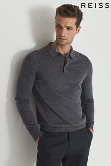 Reiss Mid Grey Melange Merino Wool Polo Shirt (M84753) | SGD 270