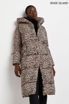 River Island Brown Leopard Long Shawl Puffer Jacket (M84963) | $157
