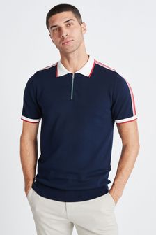 Navy Blue Overarm Stripe Knitted Polo Shirt (M85042) | 38 €