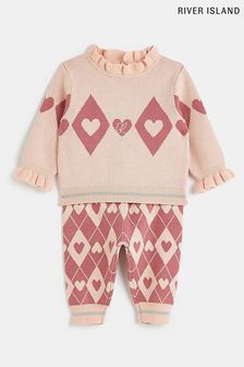 River Island Baby Girls Pink Argyl Knit Set (M85187) | $44