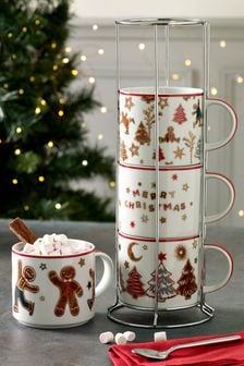 Set of 4 White Gingerbread Christmas Set of 4 Stacking Mugs (M85993) | DKK218