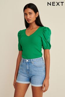 Green Broderie Sleeve Ribbed Top (M86574) | 75 zł