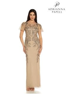 Adrianna Papell Studio Natural Beaded Sleeved Long Dress (M86946) | €220