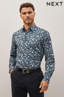 Navy Blue Floral Regular Fit Printed Trimmed Shirt (M87331) | 88 zł