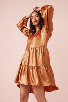 Metallic Gold Tiered Mini Dress (M87402) | TRY 559