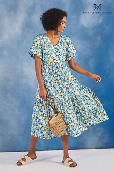 Crew Clothing Company Blue Floral Print Cotton Flared Dress (M87474) | €56